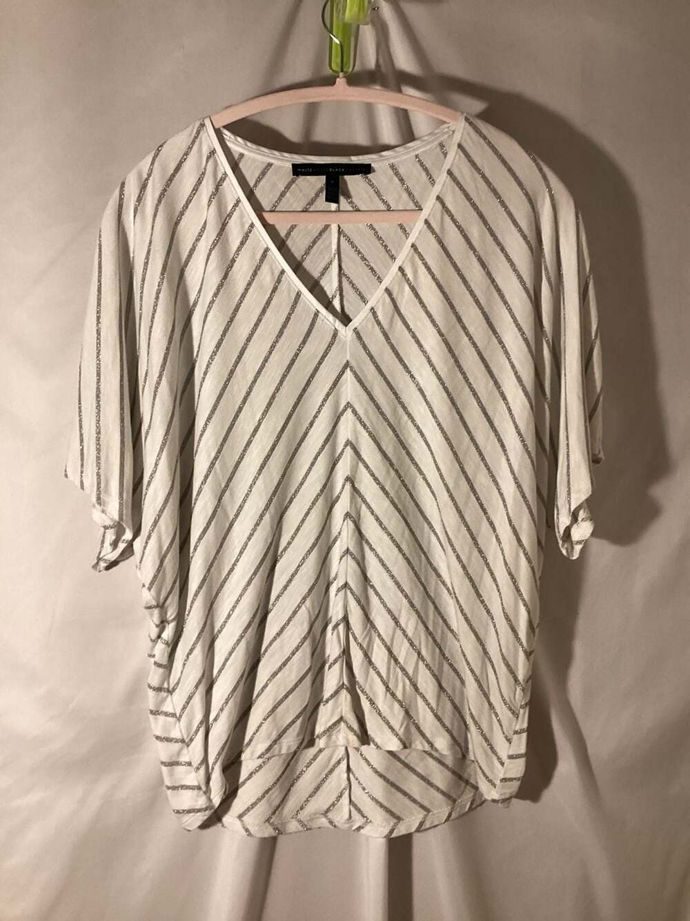 White House Black Market V-Neck Striped Metallic Tunic Top